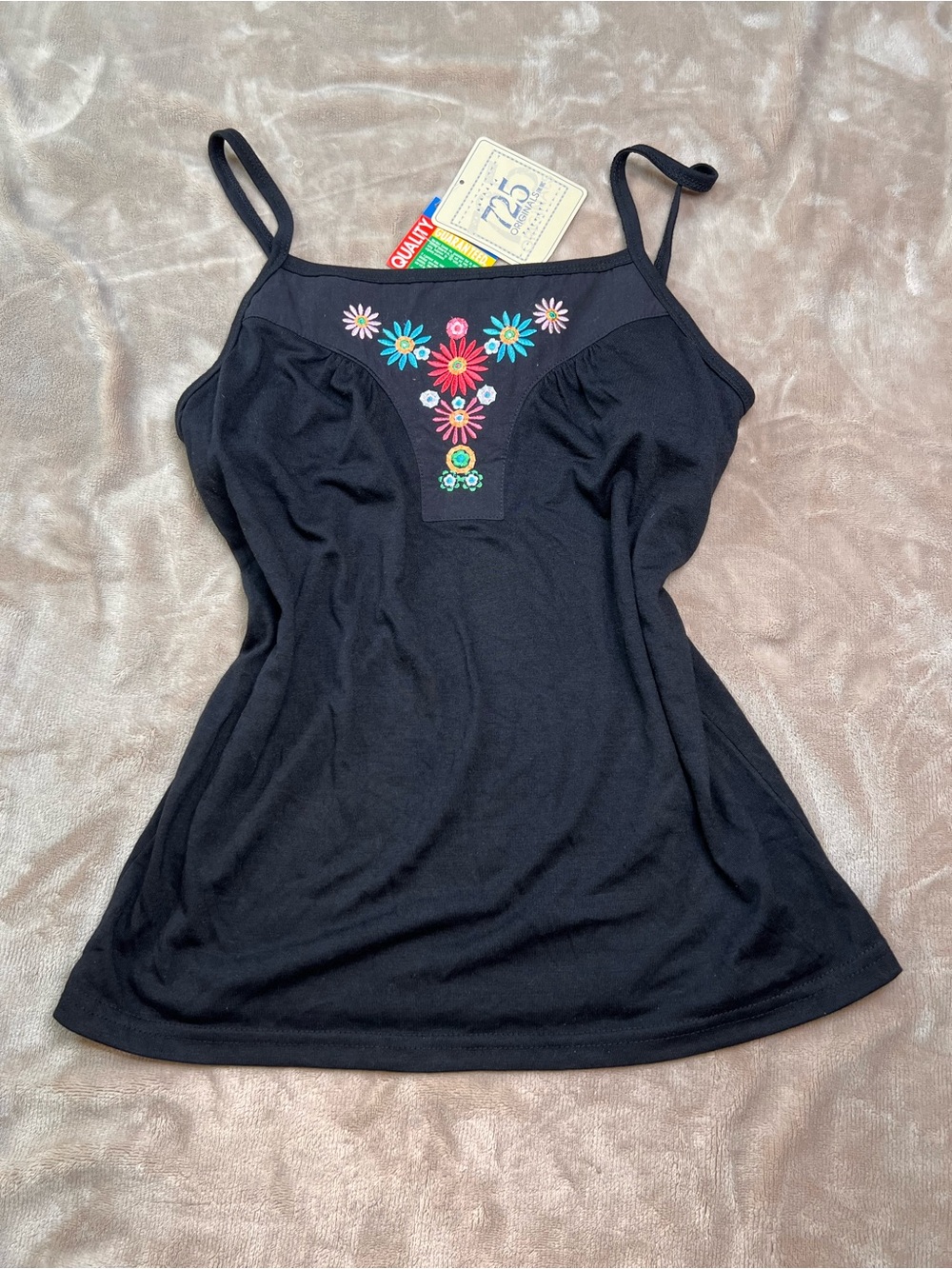 725 Black Y2K Embroidered Floral Cotton Tank Top Cami - Sz L (14/16)